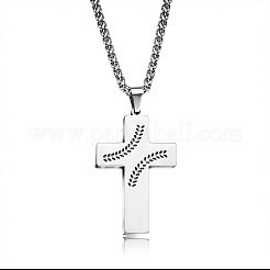 201 Stainless Steel Enamel Black Baseball Print Cross Pendant Wheat Chain Necklaces&nbsp;FS-WG40B0E-02
