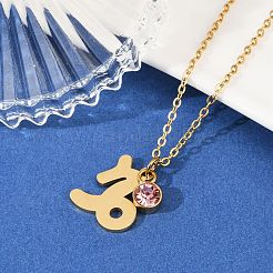 304 Stainless Steel Glass Drill Birth Stone Constellation Pendant Necklaces&nbsp;LS-STAS-D305-08G-J