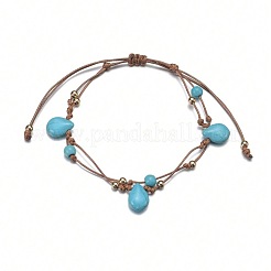 Bohemian Style Teardrop Synthetic Turquoise & CCB Plastic Round Waxed Cord Braided Double Layer Anklets for Women&nbsp;FS-WGDC0FD-01