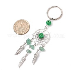 Woven Net/Web with Feather Alloy & Natural Green Aventurine & Glass Seed Keychains&nbsp;KEYC-MZ00041-01