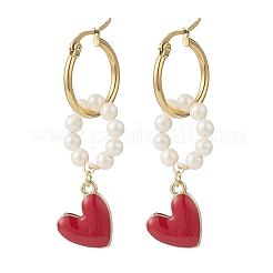 Shell Pearl Beaded Ring with Alloy Heart Dangle Hoop Earrings&nbsp;EJEW-TA00172