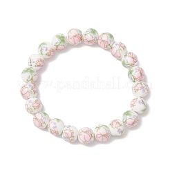 Handmade Flower Printed Porcelain Ceramic Round Beads Stretch Bracelets for Women&nbsp;BJEW-JB12091-02