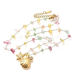 Summer Beach 304 Stainless Steel Cubic Zirconia & Colorful Dyed Crystal Tassel Necklaces&nbsp;NJEW-R014-02G