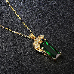 Rectangle with Leopard Alloy Fern Green Rhinestone Pendant Necklaces&nbsp;FS-WG97C8C-01