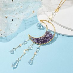 Wire Wrapped Natural Amethyst Chip & Brass Moon Pendant Decorations&nbsp;HJEW-JM01504-02