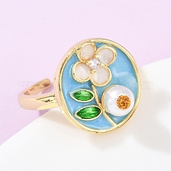 Brass Sky Blue Enamel Flower Cuff Rings&nbsp;RJEW-C139-17A-G