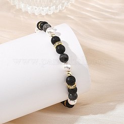 3Pcs 3 Styles Natural Lava Rock & Larvikite & Shell Pearl Beaded Stretch Bracelets for Kids&nbsp;BJEW-JB14097