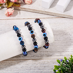 10MM Round Natural Tiger Eye & Obsidian & Evil Eye Bead Stretch Bracelets for Women Men&nbsp;BJEW-TA0001-19