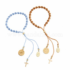 2Pcs 2 Colors Adjustable Polyester Braided Bracelets with 304 Stainless Steel and Brass Cross and Saint Benedict Medal Tassel Charms&nbsp;IW4580