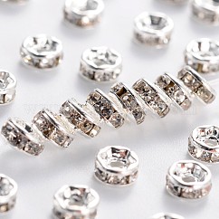 Brass Grade A Rhinestone Spacer Beads, Silver Color Plated, Nickel Free, Rondelle, Crystal, 4x2mm, Hole: 0.8mm
