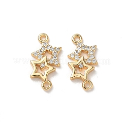 Brass Micro Pave Clear Cubic Zirconia Connector Charms, Star Links, Real 18K Gold Plated, 15.5x8x2mm, Hole: 1mm