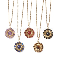 Natural Mixed Stone Faceted Round & Gold Glass Seed Beaded Sun Pendant 304 Stainless Steel Cable Chain Necklaces for Women&nbsp;NJEW-MZ00149