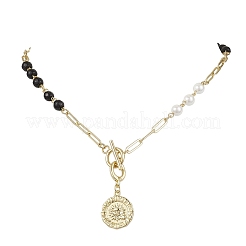 Shell Pearl Beads & Black Stone Chain Necklaces&nbsp;NJEW-JN05109