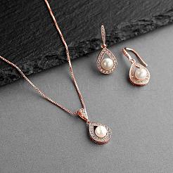 Teardrop Brass Micro Pave Clear Cubic Zirconia with Plastic Pearl Pendant Necklace & Dangle Earring&nbsp;FS-WG2AAB6-03