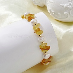 Natural Amber & Cultured Freshwater Pearl & Brass Beaded Bracelets for Women&nbsp;BJEW-JB13663