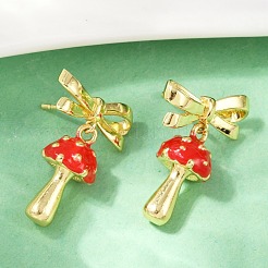Mushroom with Bowknot Brass Enamel Dangle Stud Earrings&nbsp;EJEW-F895-25A-G