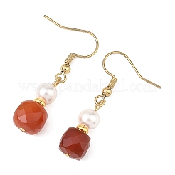 Natural Carnelian with Round Shell Pearl Beads Cube Dangle Earrings&nbsp;EJEW-JE07522