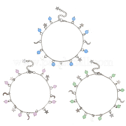 3Pcs 3 Colors 201 Stainless Steel Moon Star & Natural Dyed Malaysia Jade Round Charm Brass Bar Link Chain Anklets&nbsp;AJEW-AN00732