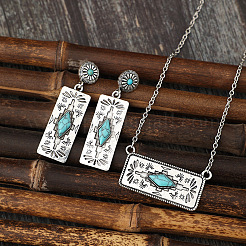 Western Aztec Alloy & Synthetic Turquoise Stud Earrings & Pendant Necklaces Sets&nbsp;FS-WGDC47F-01