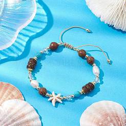 Adjustable Dyed Synthetic Turquoise & Coconut & Wood & Pearl Braided Bead Bracelets&nbsp;BJEW-JB10721-01