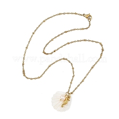 Summer Beach Natural Carved White Shell & 304 Stainless Steel Sea Animals Pendant Satellite Chain Necklaces&nbsp;NJEW-JN06505