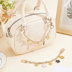 2Pcs 2 Colors Acrylic Heart & Alloy Enamel Pink and White Flower Pendant Alloy Cable Chain Bag Decorative Chains&nbsp;HJEW-BBC0001-35