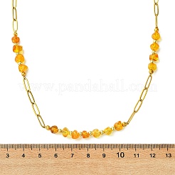 304 Stainless Steel Paperclip Chain Necklaces with Natural Amber Nuggets Beads&nbsp;NJEW-JN06052