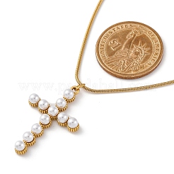 PVD Vacuum Plating 304 Stainless Steel & Plastic Pearl Cross Pendant Round Snake Chain Necklaces for Women&nbsp;STAS-Z114-20G