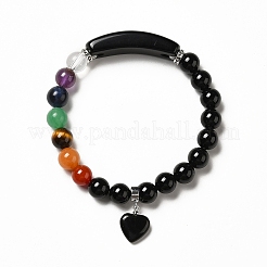 Natural Mixed Gemstone Beaded Stretch Bracelet with Heart Charm for Women&nbsp;BJEW-K164-B-A