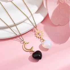 2Pcs 2 Style Opalite & Natural Obsidian Heart Pendant Necklaces Set&nbsp;NJEW-JN04484