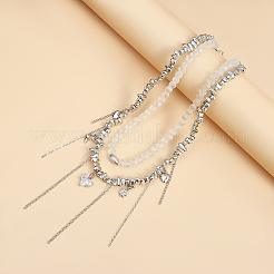 Alloy Pave Clear Cubic Zirconia and Glass Heart Star Moon Tassel 2-Strand Choker Necklaces for Women&nbsp;WGB35B4-01