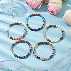 Round Natural Dalmatian Jasper & Glass & Wooden Beaded Stretch Bracelets for Women&nbsp;BJEW-JB10845