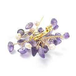 Natural Amethyst Chips & Pearl Beaded Flower Brooch Pin&nbsp;JEWB-BR00098-01
