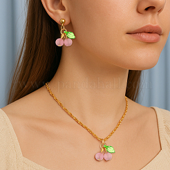 2 Colors Cherry Iron & Acrylic Pendant Necklaces & Stud Earrings Jewelry Set for Women&nbsp;SJEW-HY0001-21