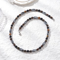 Round Natural Tiger Eye & Obsidian & Twist Synthetic Non-Magnetic Hematite Beaded Necklaces&nbsp;NJEW-JN05728-01