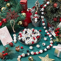 180Pcs 6 Styles Christmas Snowman Print Wood European Beads&nbsp;WOOD-PH0003-03B