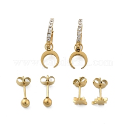 304 Stainless Steel Rhinestone Moon & Star & Round Earring Sets&nbsp;EJEW-Z098-22G