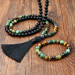 Glass & African Turquoise(Jasper) & Tiger Eye Round Rosaries Beaded Tassel Pendant Necklaces & Bracelets Sets&nbsp;FS-WGB975F-03