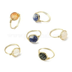 Flat Round Natural Red Jasper & Rose Quartz & Blue Spot Jasper & Tiger Eye & Dalmatian Jasper & Agate Finger Rings&nbsp;RJEW-JR00827-01