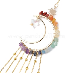 Wire Wrapped Chakra Natural Gemstone Chips Moon Hanging Ornaments&nbsp;HJEW-JM02370
