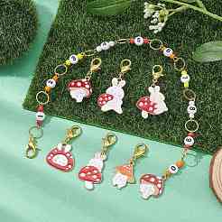 7Pcs Rabbit & Mushroom Alloy Enamel Knitting Row Counter Chains & Locking Stitch Markers Kits&nbsp;HJEW-JM01342