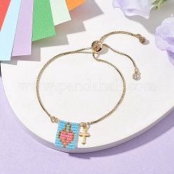 Glass Seed Heart & Brass Cross Charms Silder Bracelets&nbsp;BJEW-MZ00056