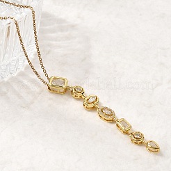 Brass Pave Cubic Zirconia Geometirc Pendant Rectangle Y Tassel 201 Stainless Steel Chain Necklaces&nbsp;NJEW-C111-01B