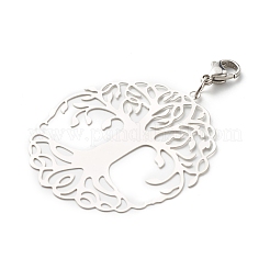 Tarnish Resistant Flat Round with Tree of Life 201 Stainless Steel Filigree Pendant Decorations&nbsp;HJEW-JM00573-03
