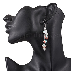 304 Stainless Steel Synthetic Turquoise Cross with Moon & Star Dangle Earrings&nbsp;EJEW-JE06516-01