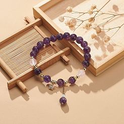 Natural Amethyst & Rose Quartz & Opalite Round Beaded Stretch Bracelets&nbsp;BJEW-JB09021