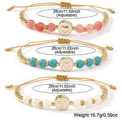 3Pcs Minimalist Adjustable Synthetic Turquoise & Watermelon Stone Glass & Natural Shell Beads Braided Bead Bracelets&nbsp;SR5600-5