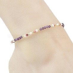 Natural Rainbow Moonstone & Rhodonite & Amethyst Faceted Round and Potato Natural Pearl Beaded Anklets&nbsp;AJEW-AN00855-03