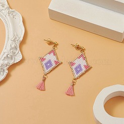 Rhombus Handmade Loom Pattern Glass Seed Dangle Earrings&nbsp;EJEW-MZ00035