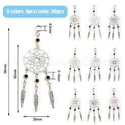 36Pcs 4 Colors Tibetan Style Alloy Woven Net/Web with Feather European Dangle Charms&nbsp;HJEW-AB00503